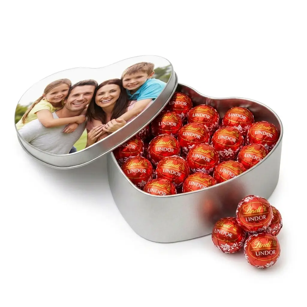 heart tin with family photo printed on lid